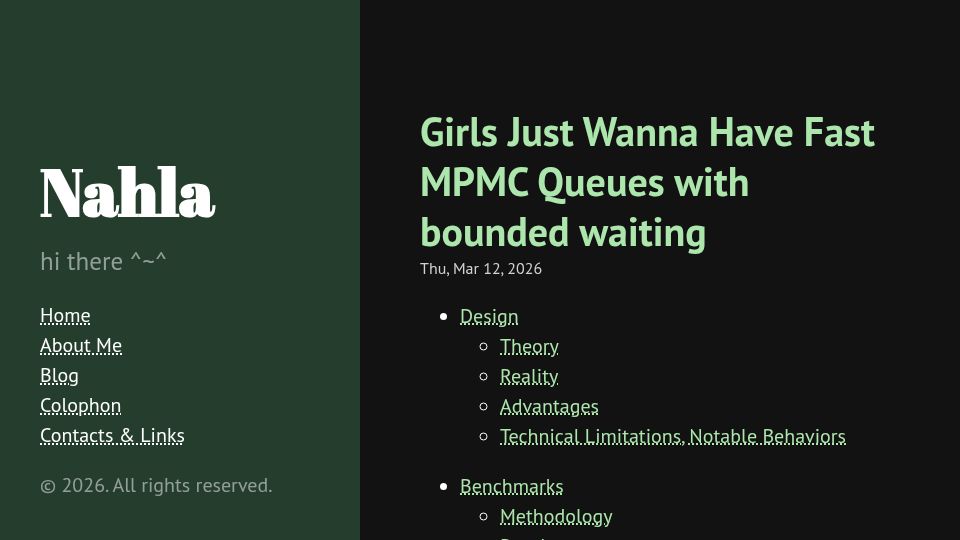 Screenshot of nahla.dev: Girls just wanna have fast MPMC queues with bounded waiting