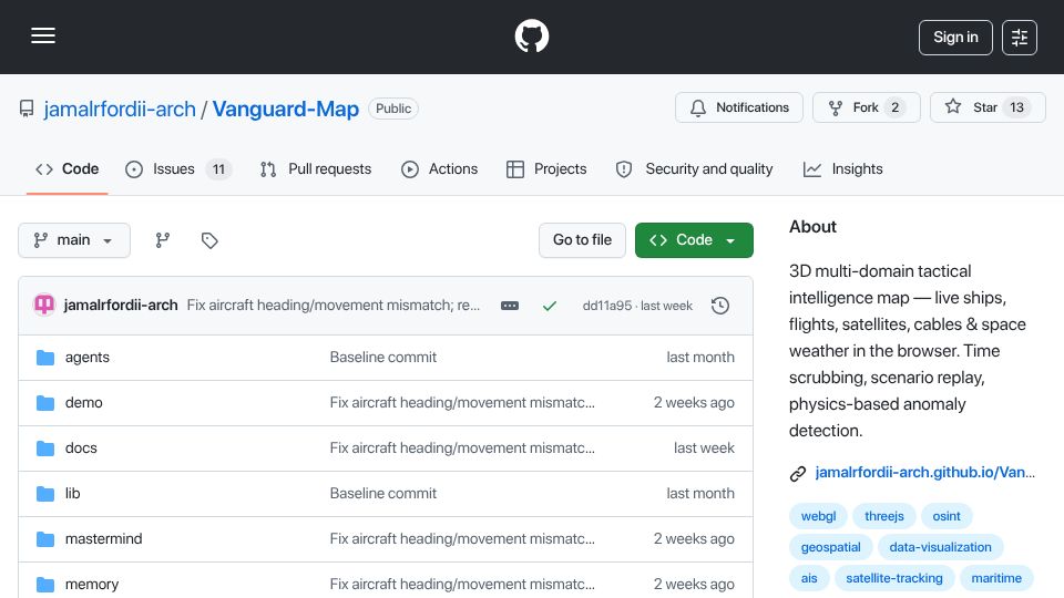 Screenshot of github.com: 3D Airplane tracker on Mercator map