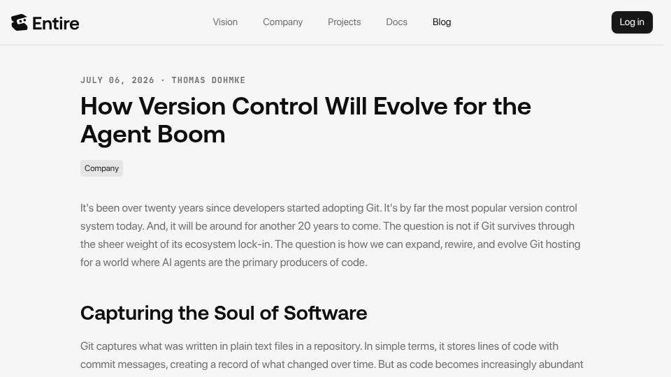 Screenshot of entire.io: How version control will evolve for the agent boom