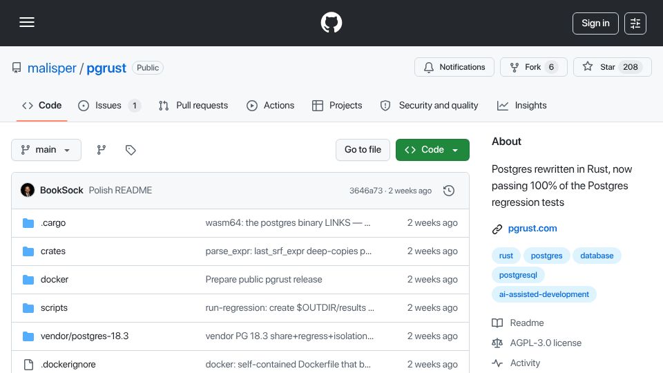 Screenshot of github.com: Postgres rewritten in Rust, now passing 100% of the Postgres regression tests
