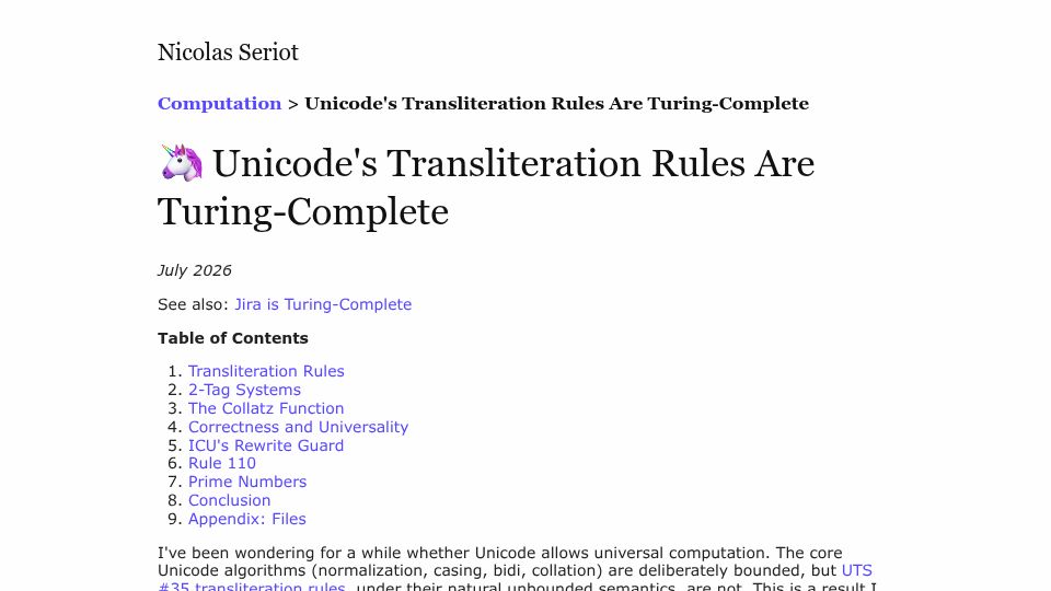 Screenshot of seriot.ch: Unicode's transliteration rules are Turing-complete