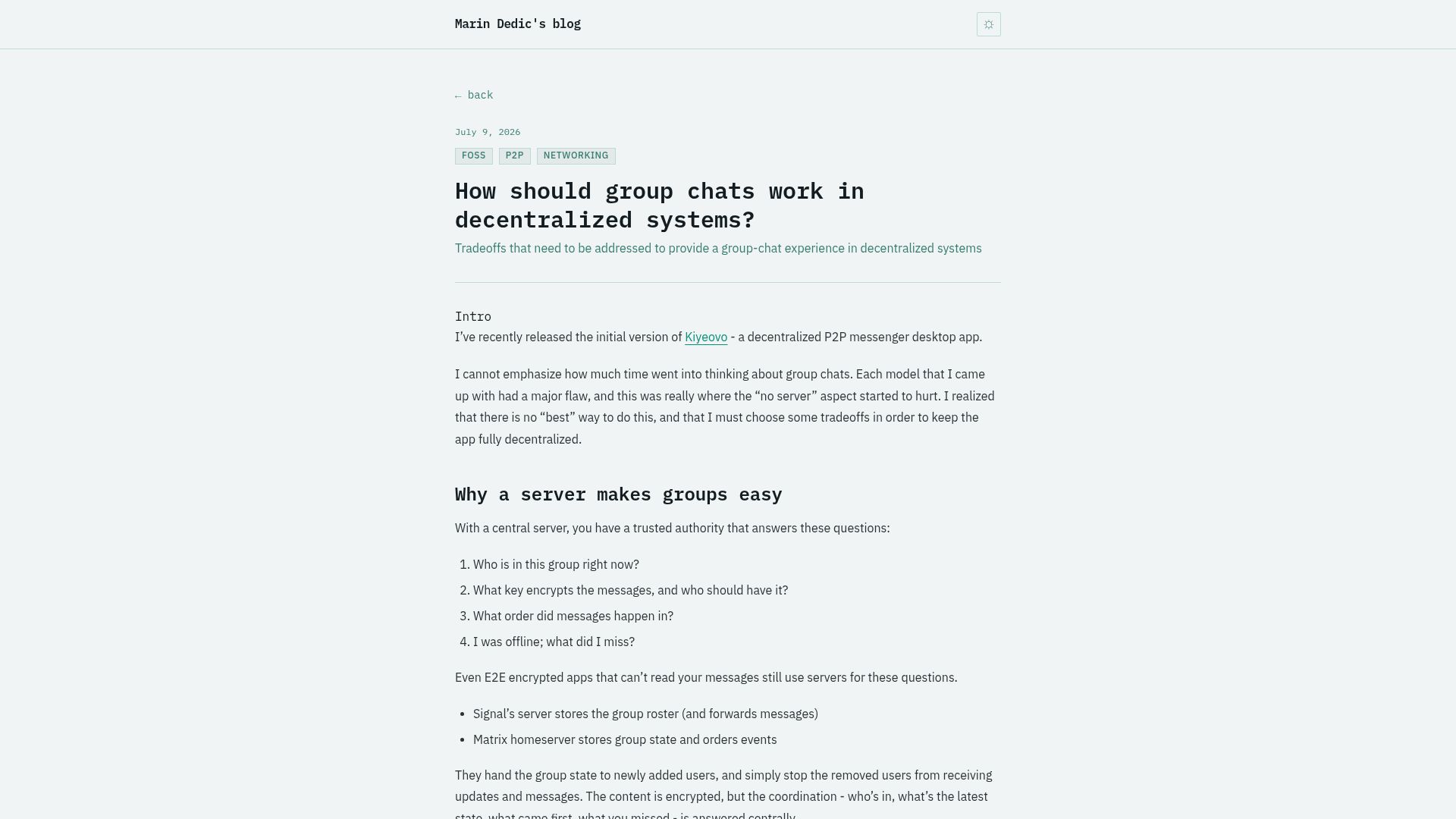 Screenshot of marindedic.com: How should group chats work in decentralized systems?