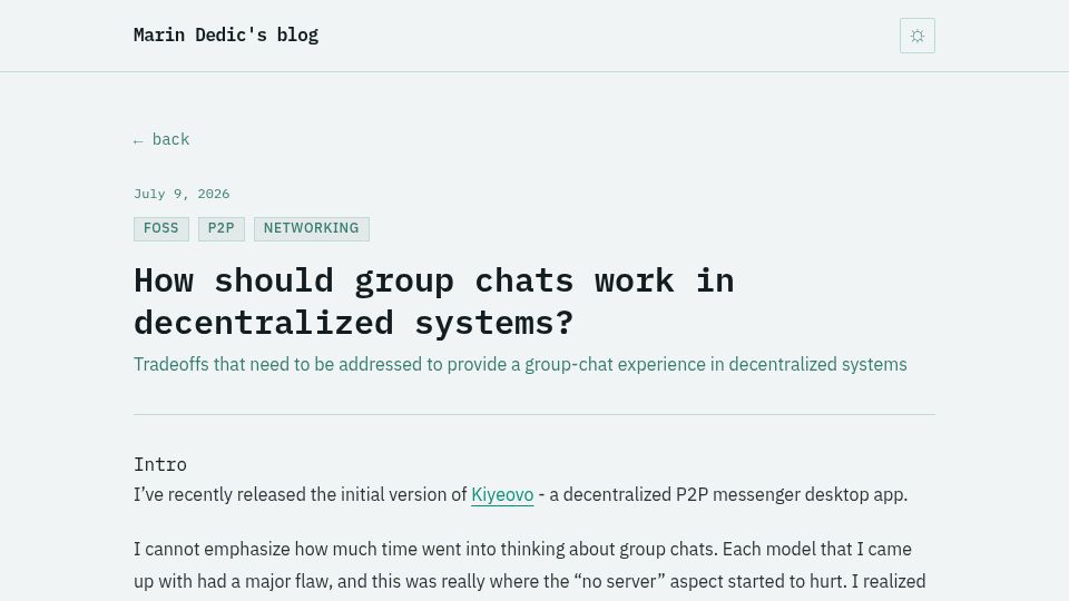 Screenshot of marindedic.com: How should group chats work in decentralized systems?