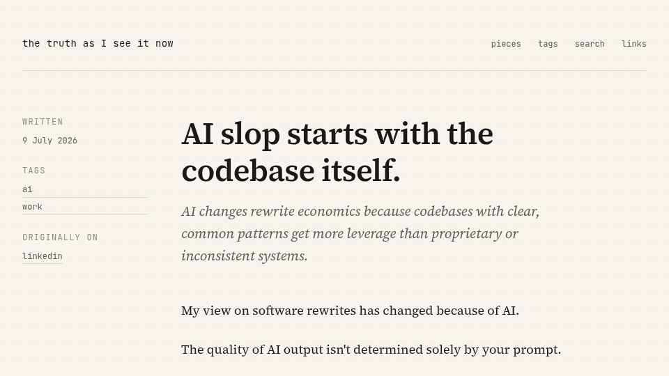 Screenshot of thetruthasiseeitnow.com: AI changes the economics of software rewrites