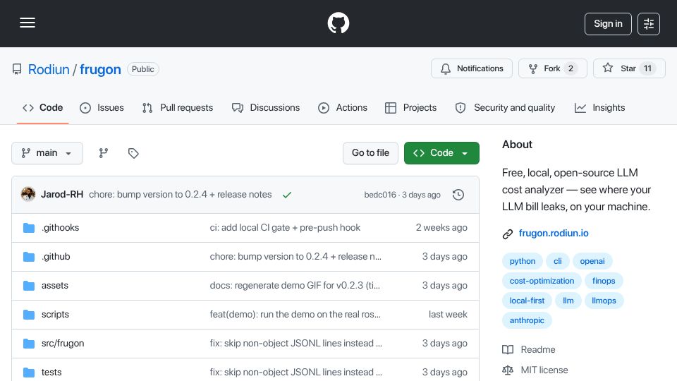Screenshot of github.com: Show HN: Frugon – Find which LLM calls a cheaper model could handle (local, MIT)