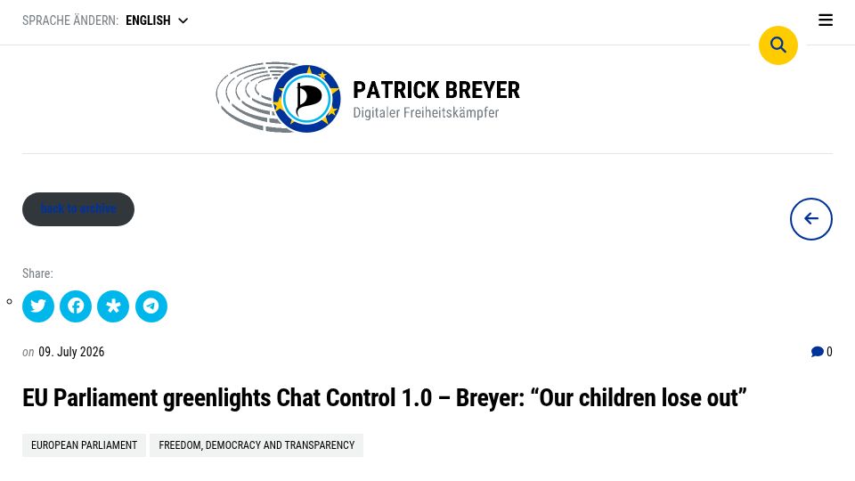 Screenshot of patrick-breyer.de: EU Parliament greenlights Chat Control 1.0