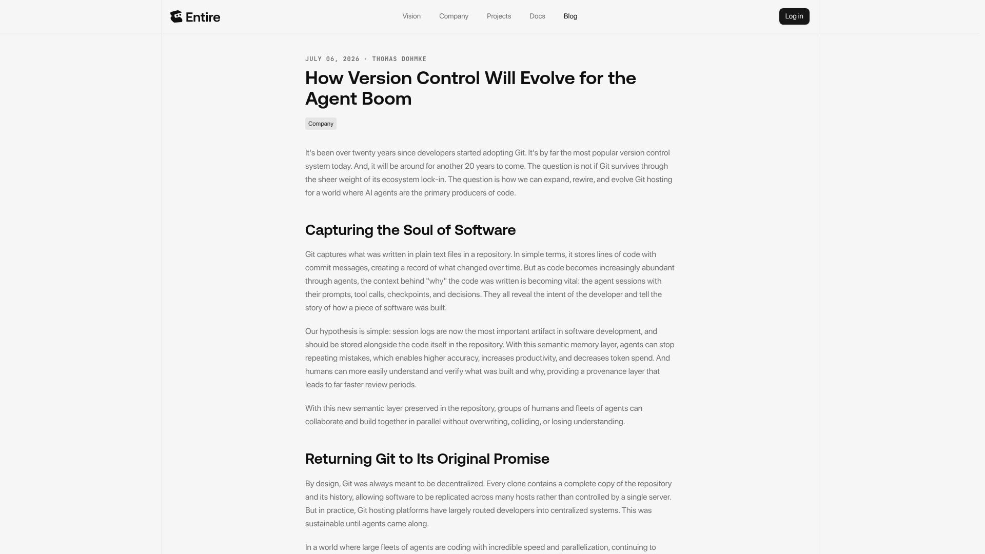 Screenshot of entire.io: How version control will evolve for the agent boom