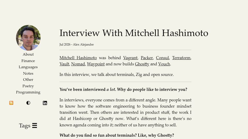Screenshot of alexalejandre.com: Interview with Mitchell Hashimoto about Ghostty and Zig