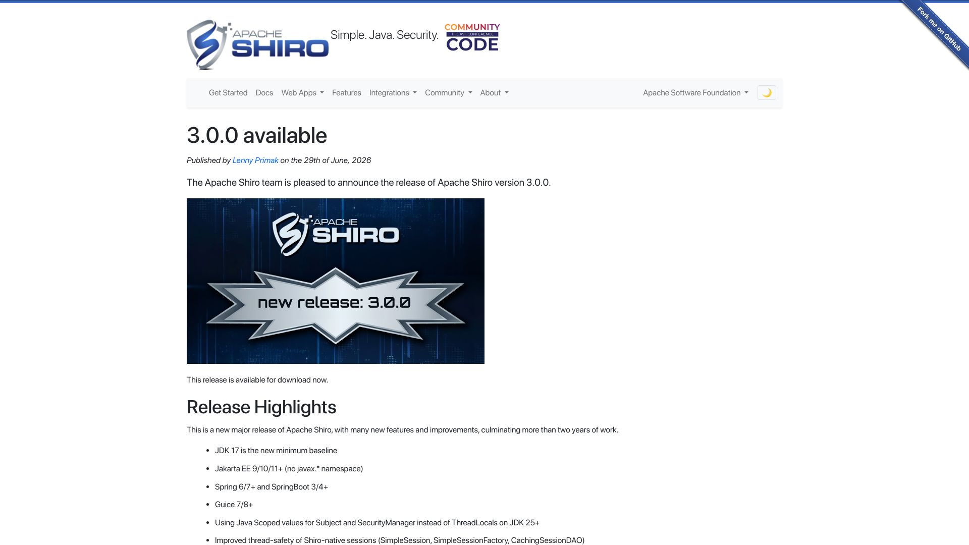 Screenshot of shiro.apache.org: Apache Shiro security framework releases 3.0.0