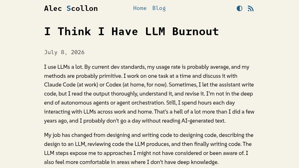 Screenshot of alecscollon.com: I think I have LLM burnout