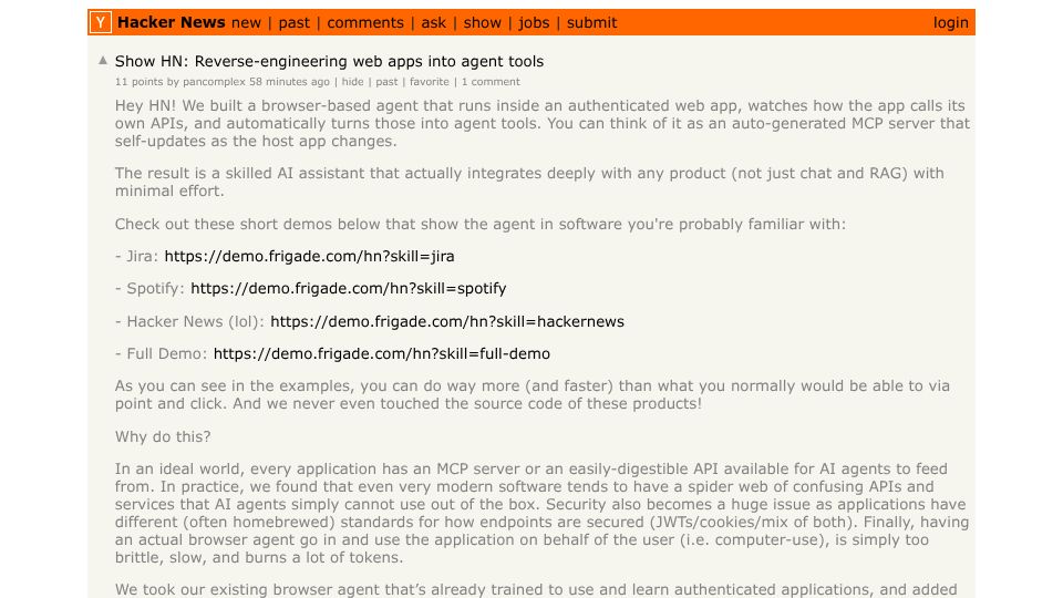 Screenshot of Hacker News post: Show HN: Reverse-engineering web apps into agent tools