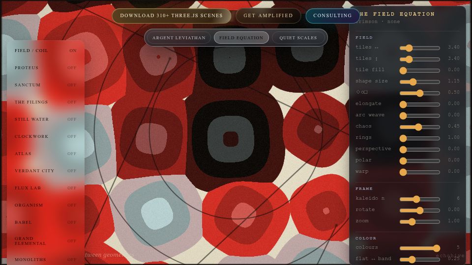 Screenshot of sand-morph.up.railway.app: The Field Equation, living shader geometry folded into a breathing object