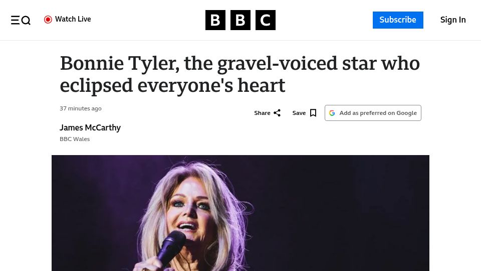 Screenshot of bbc.com: Bonnie Tyler, singer of Total Eclipse of the Heart, dies aged 75