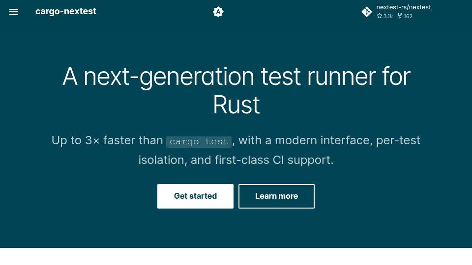 Screenshot of nexte.st: Cargo-nextest: 3x faster than cargo test, per-test isolation, first-class CI