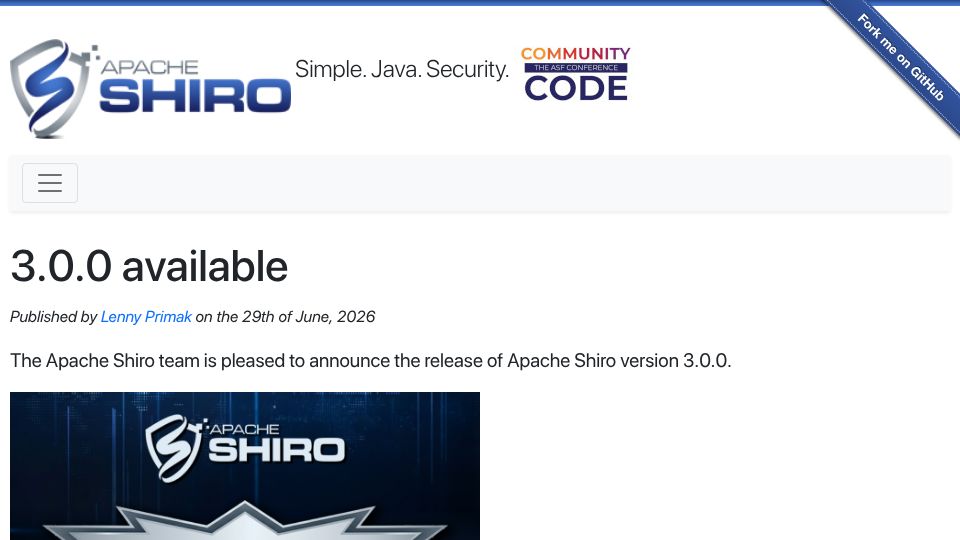 Screenshot of shiro.apache.org: Apache Shiro security framework releases 3.0.0