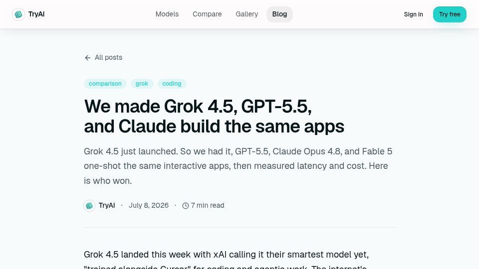 Screenshot of tryai.dev: We made Grok 4.5, GPT-5.5, and Claude build the same apps