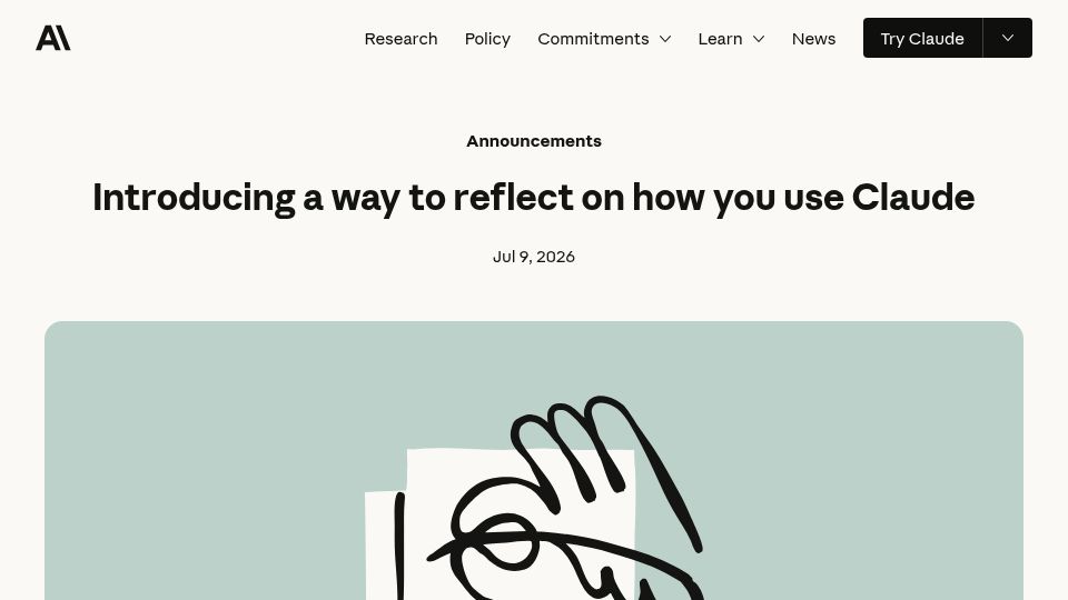 Screenshot of anthropic.com: A new way to reflect on how you use Claude