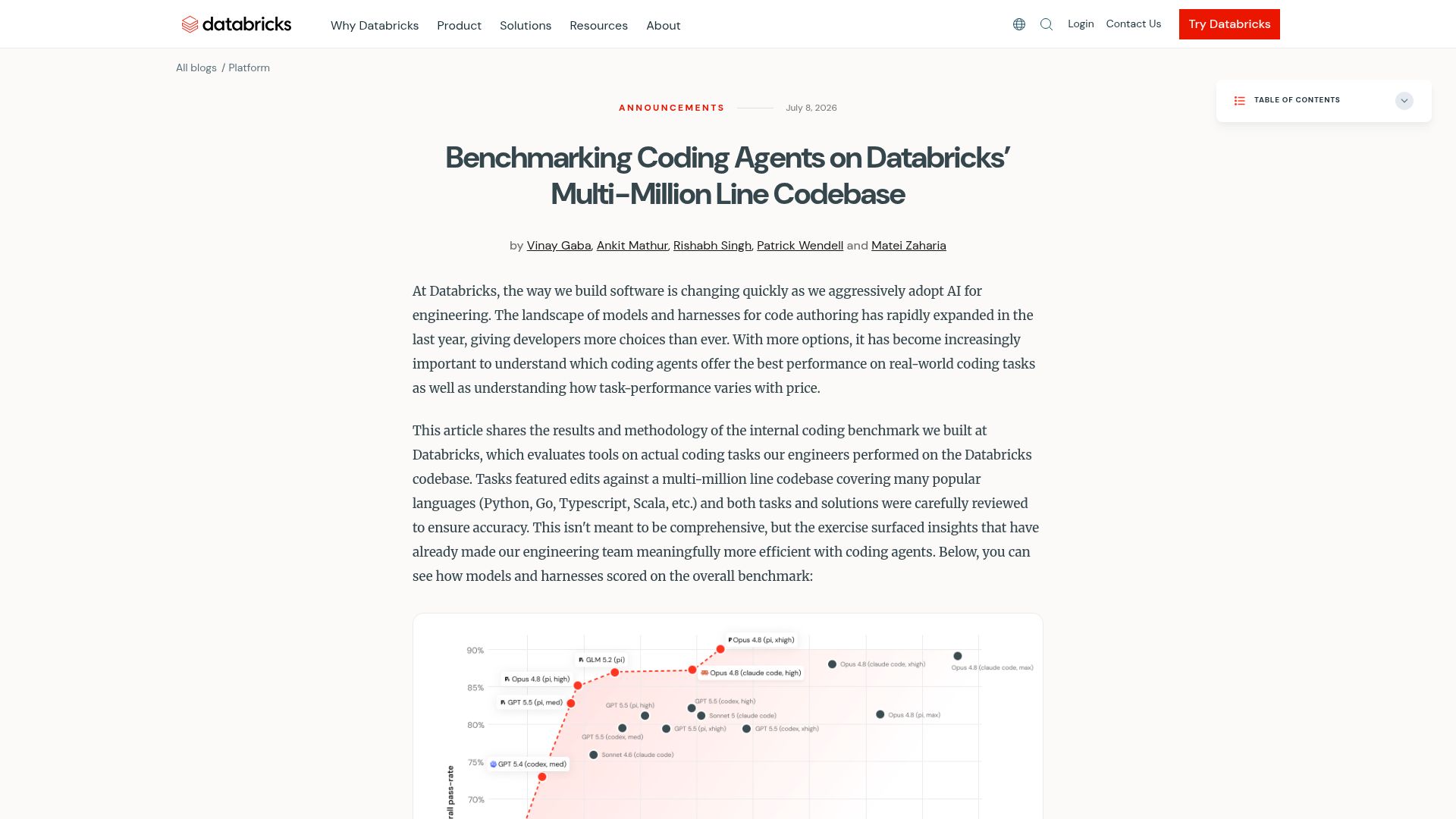 Screenshot of databricks.com: Benchmarking coding agents on Databricks' multi-million line codebase