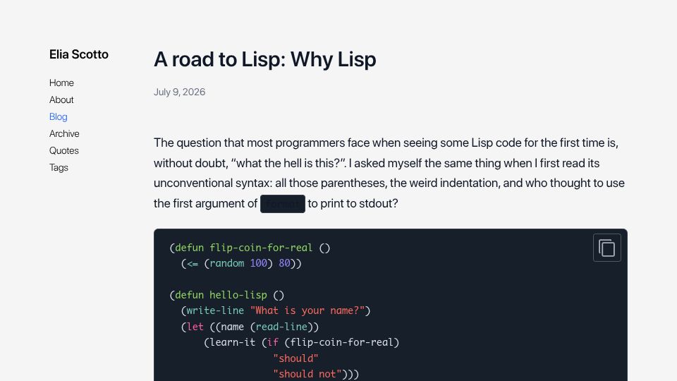 Screenshot of scotto.me: A road to Lisp: Why Lisp