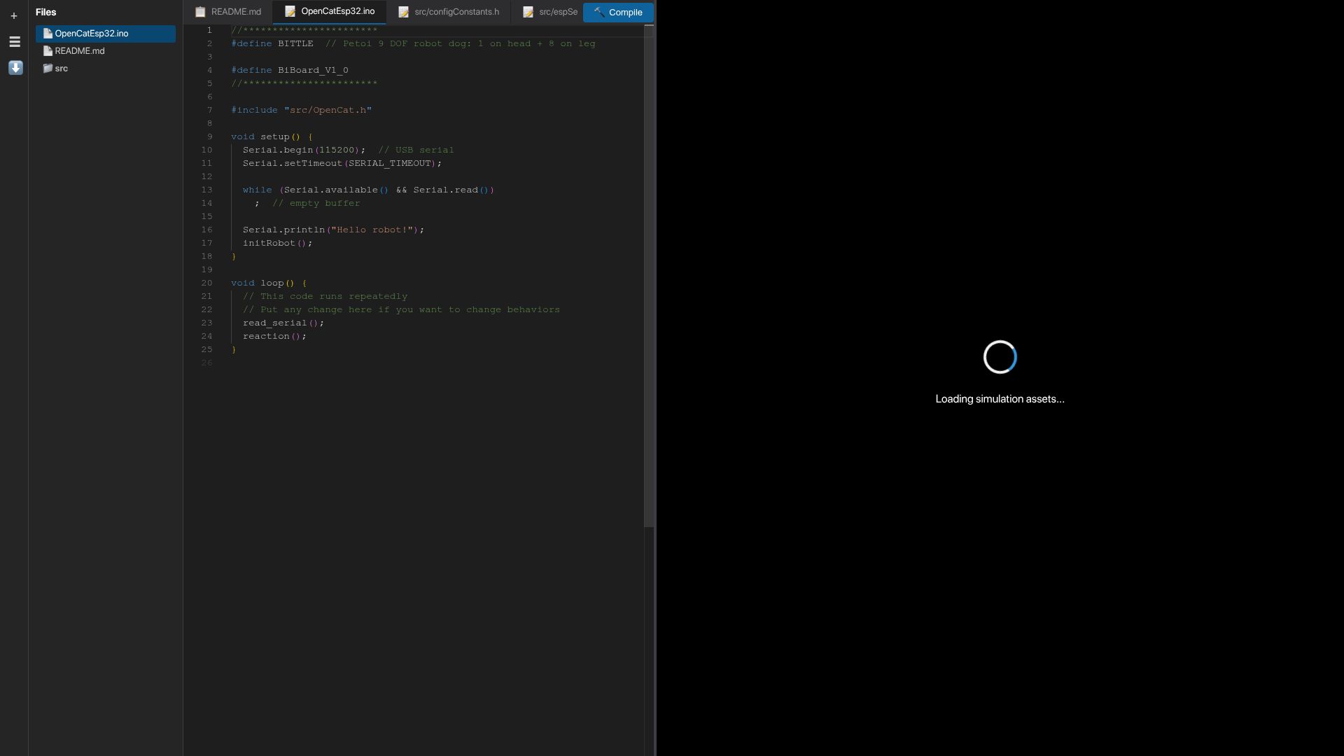 Screenshot of bittlex-sim.petoi.com: In-browser programmable robot simulator