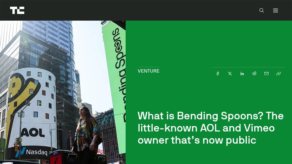 Screenshot of techcrunch.com: What is Bending Spoons? The little-known AOL and Vimeo owner that's now public