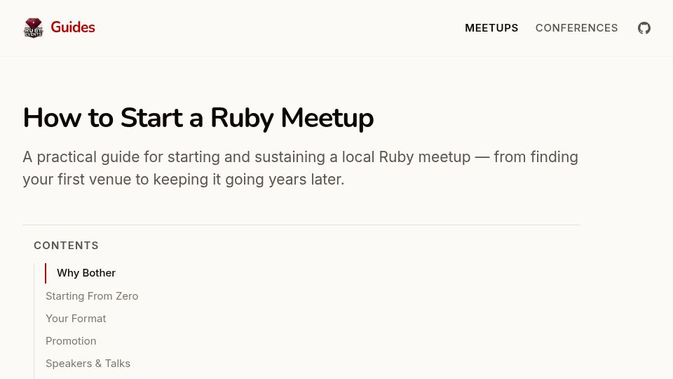 Screenshot of guides.rubyevents.org: How to Start a Ruby Meetup