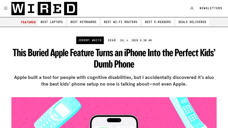 Screenshot of wired.com: Buried Apple feature turns an iPhone into the perfect kids' dumb phone
