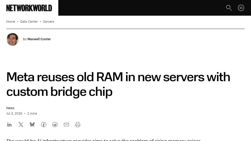 Screenshot of theregister.com: Meta reuses old RAM in new servers with custom bridge chip