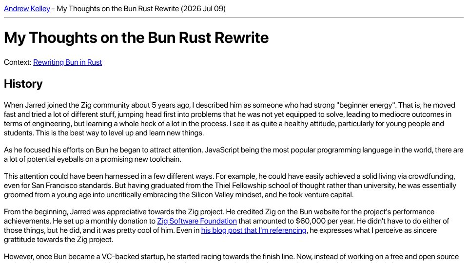 Screenshot of andrewkelley.me: My Thoughts on the Bun Rust Rewrite