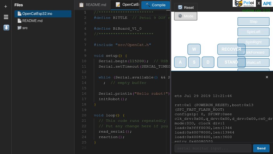 Screenshot of bittlex-sim.petoi.com: In-browser programmable robot simulator