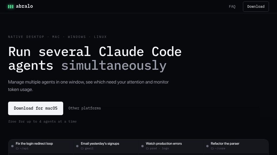 Screenshot of abralo.com: Show HN: Abralo – Free, easy way to run several Claude Code agents in one window