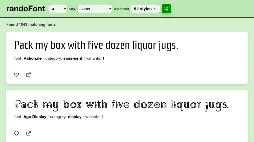 Screenshot of randofont.alesh.com: Show HN: RandoFont – A browser for Google Fonts