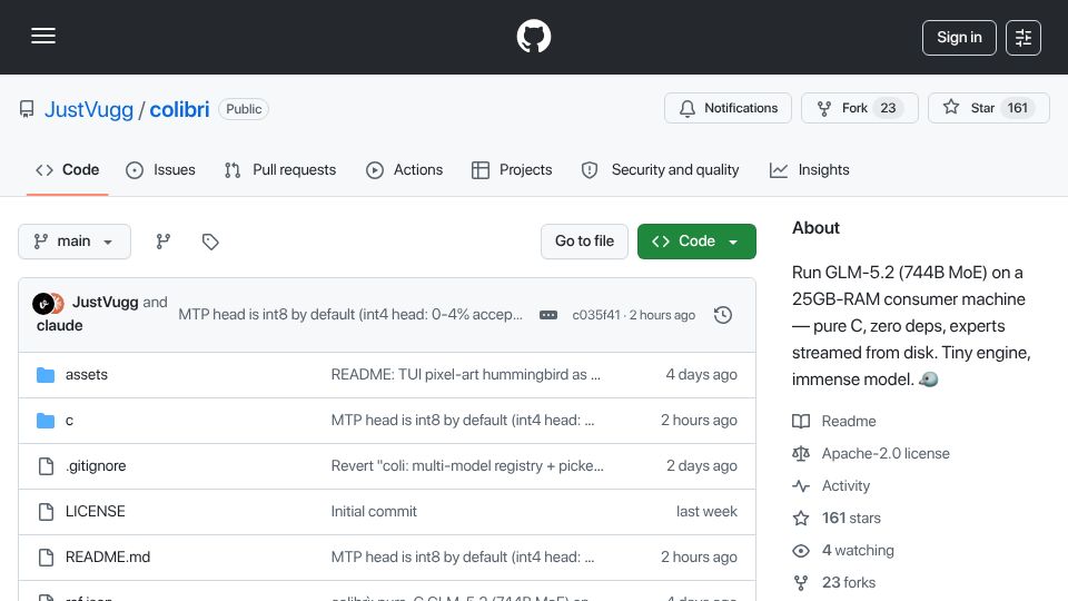 Screenshot of github.com: Show HN: Getting GLM 5.2 running on my slow computer