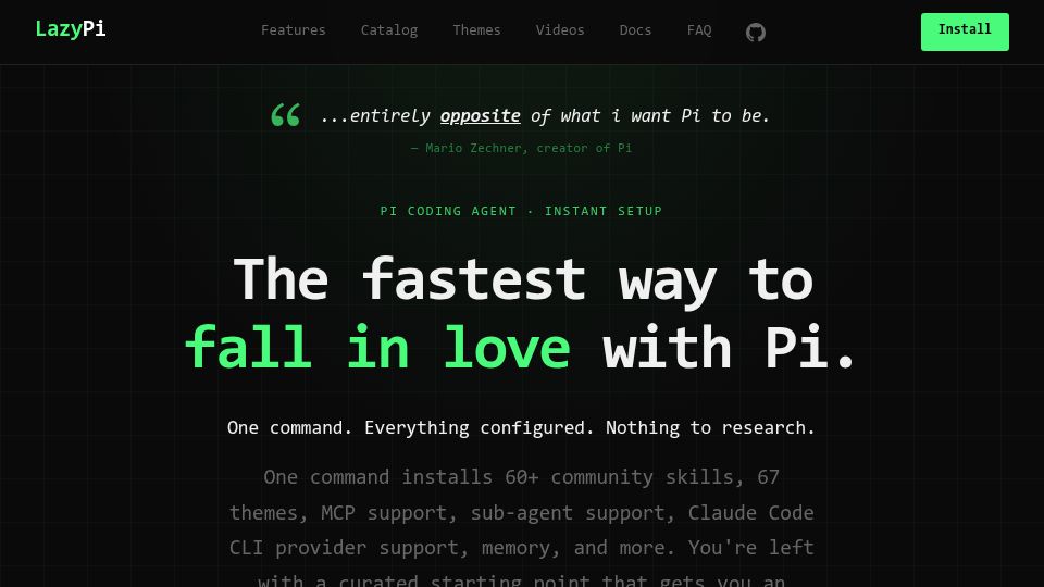 Screenshot of lazypi.org: Opinionated and easy Pi.dev configuration