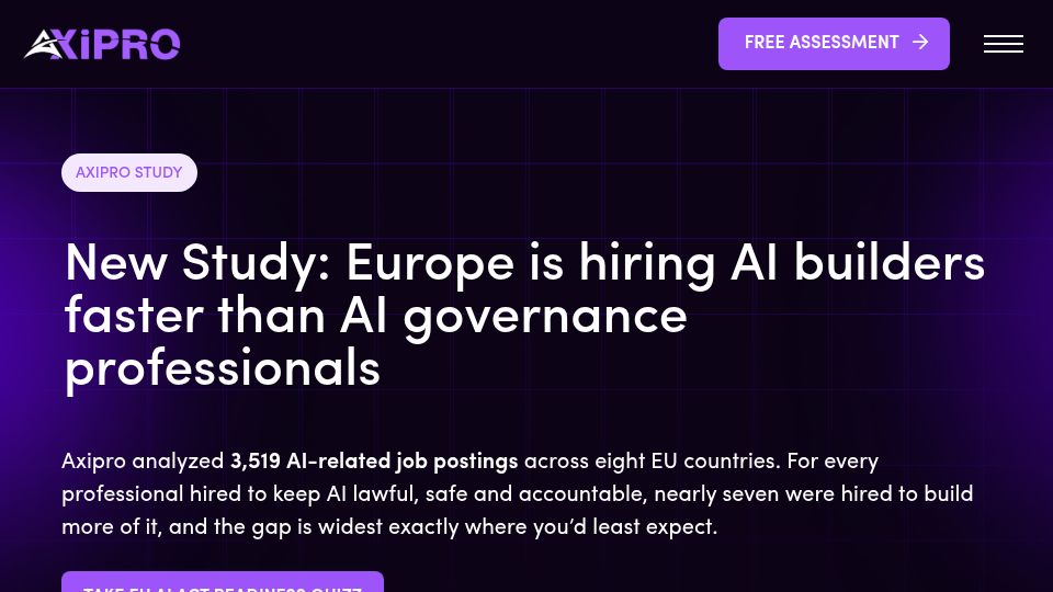Screenshot of axipro.co: AI builders outnumber AI governance hires 7:1 in Europe