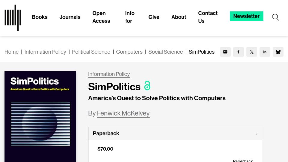 Screenshot of mitpress.mit.edu: SimPolitics: America’s quest to solve politics with computers