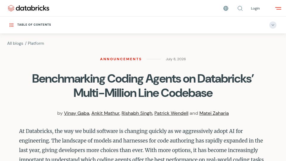 Screenshot of databricks.com: Benchmarking coding agents on Databricks' multi-million line codebase