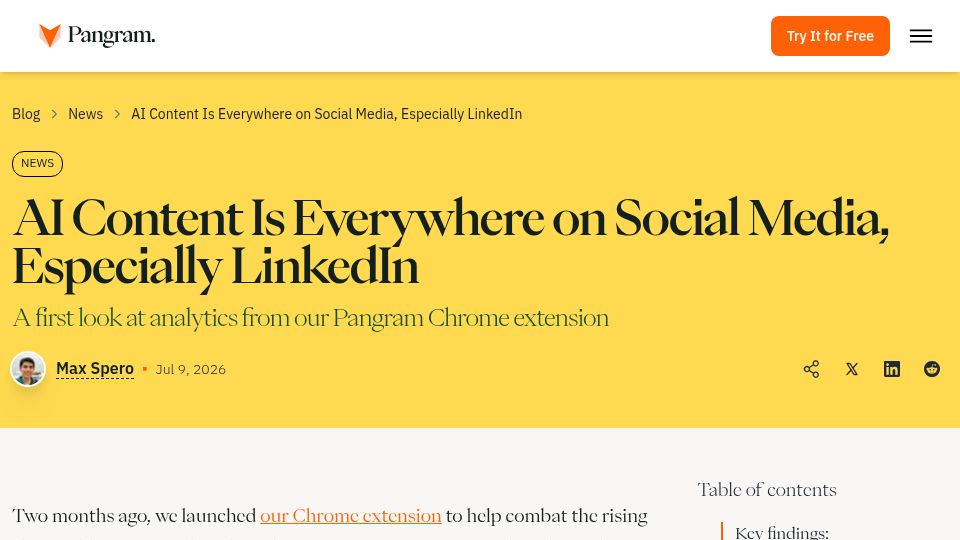 Screenshot of pangram.com: AI content is everywhere on social media, especially LinkedIn