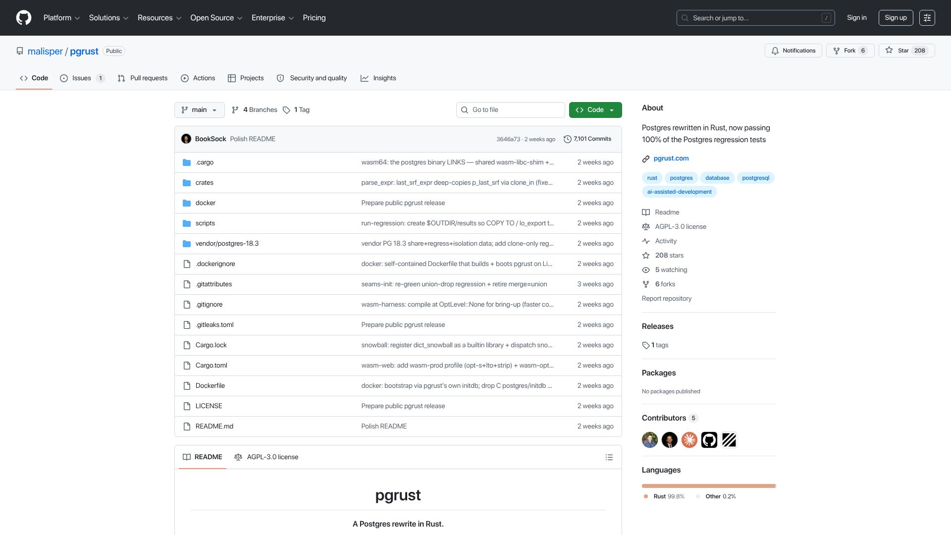Screenshot of github.com: Postgres rewritten in Rust, now passing 100% of the Postgres regression tests