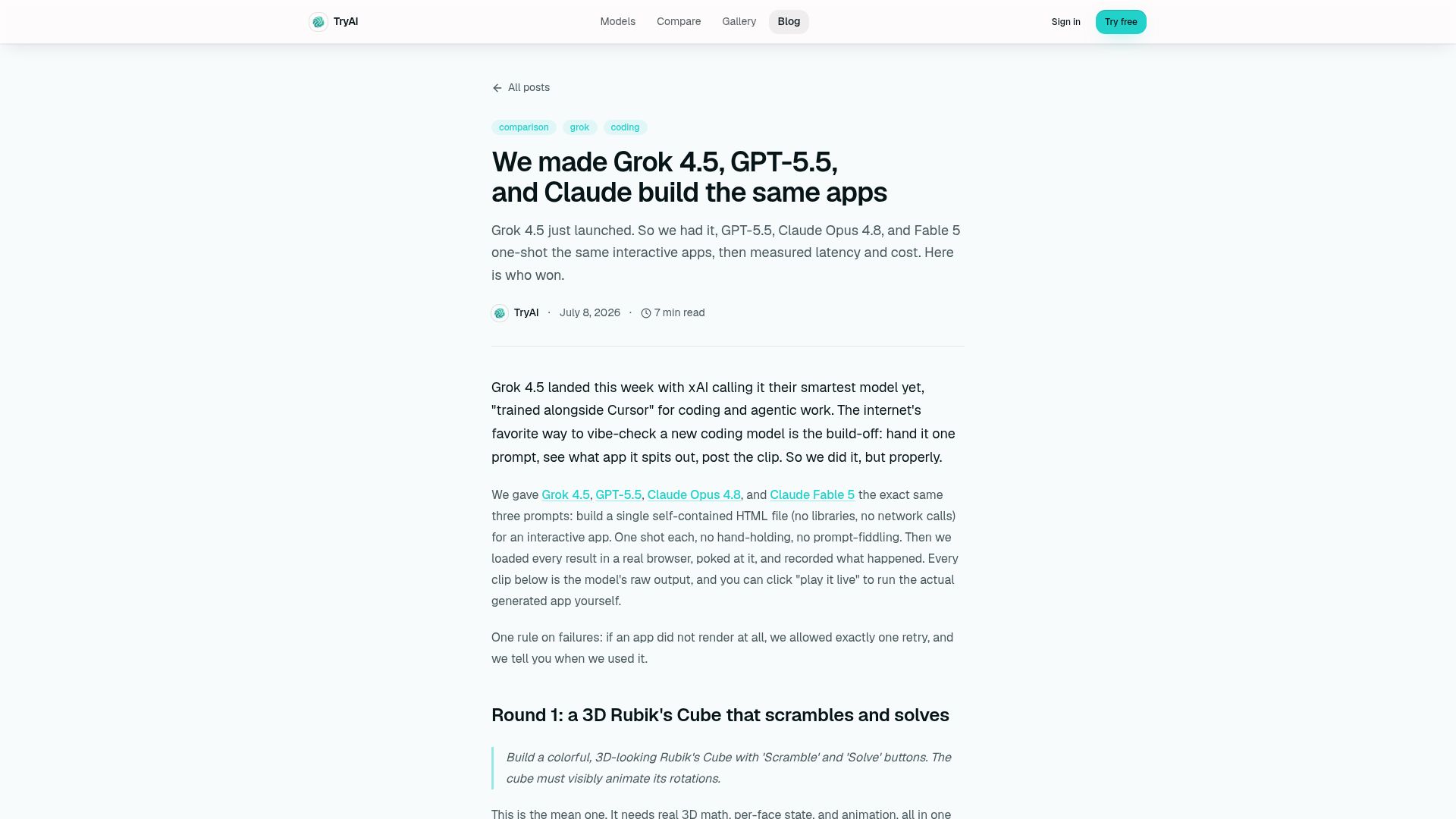 Screenshot of tryai.dev: We made Grok 4.5, GPT-5.5, and Claude build the same apps