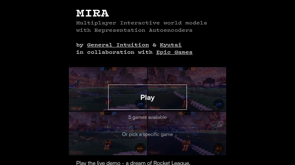 Screenshot of mira-wm.com: MIRA: Multiplayer Interactive World Models Trained on Rocket League
