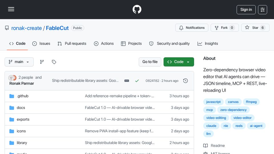 Screenshot of github.com: Show HN: FableCut – A browser video editor AI agents can drive (zero deps)