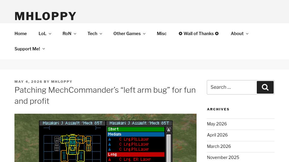 Screenshot of mhloppy.com: Patching MechCommander's "left arm bug" for fun and profit