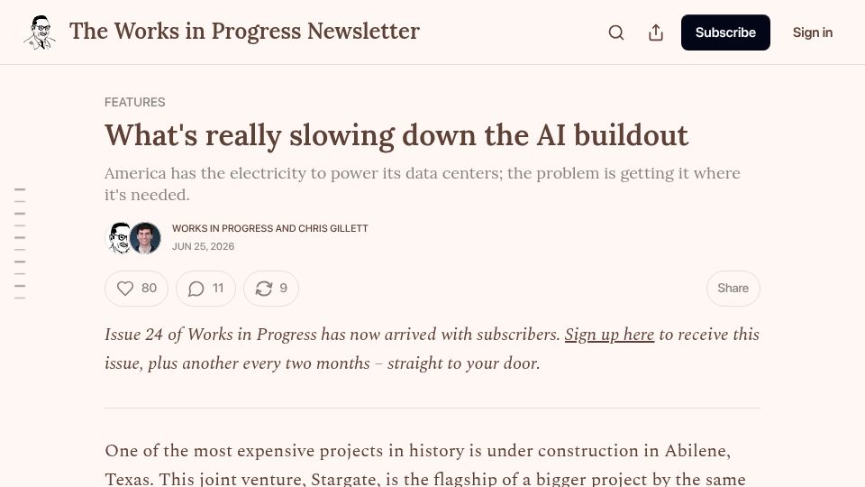 Screenshot of worksinprogress.news: What's slowing down the AI buildout