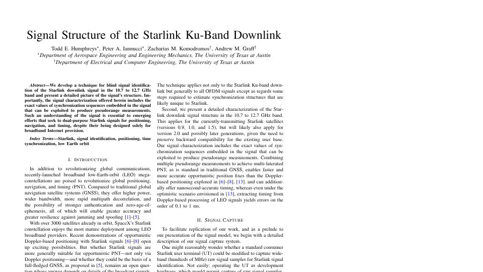 Screenshot of radionavlab.ae.utexas.edu: Signal Structure of the Starlink Ku-Band Downlink (2023) [pdf]