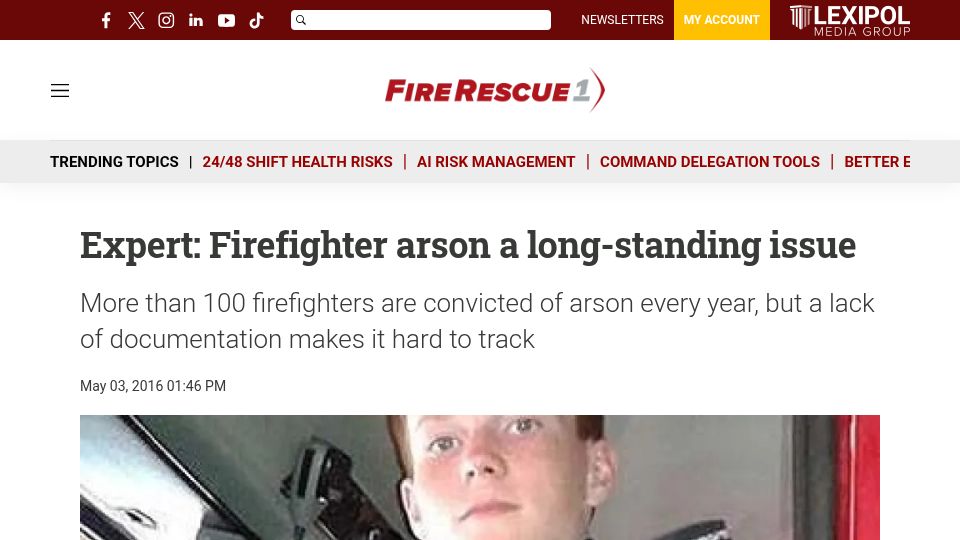 Screenshot of firerescue1.com: Firefighter arson a long-standing issue – expert