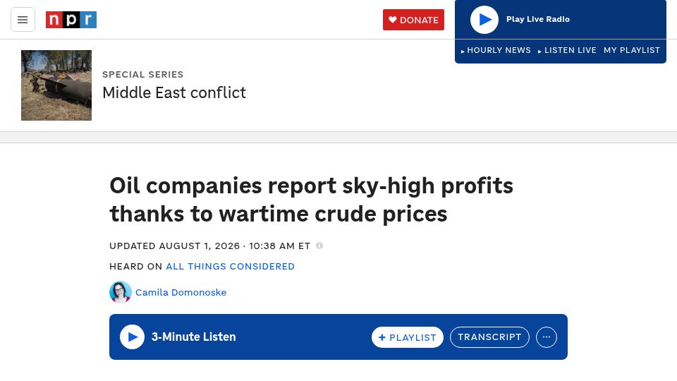 Screenshot of npr.org: Oil companies report sky-high profits thanks to wartime crude prices
