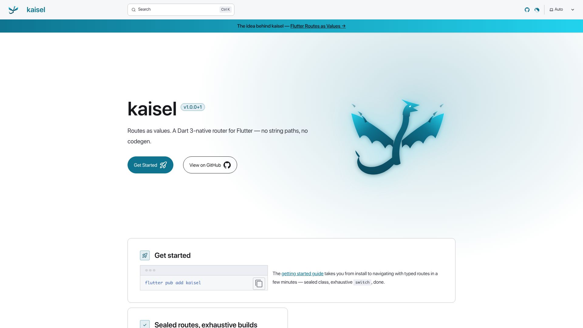 Screenshot of kaisel.dev: Kaisel – Routes as Values. Dart 3 Native Router for Flutter