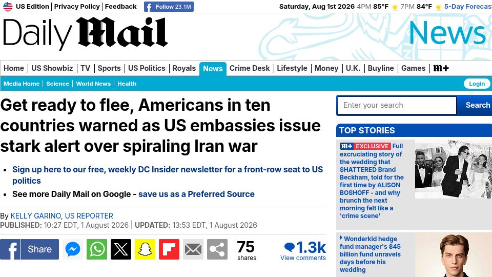 Screenshot of dailymail.com: Get ready to flee, Americans in ten countries warned