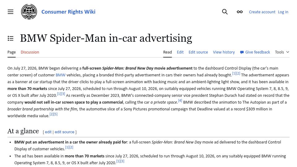 Screenshot of consumerrights.wiki: BMW Spider-Man in-car advertising